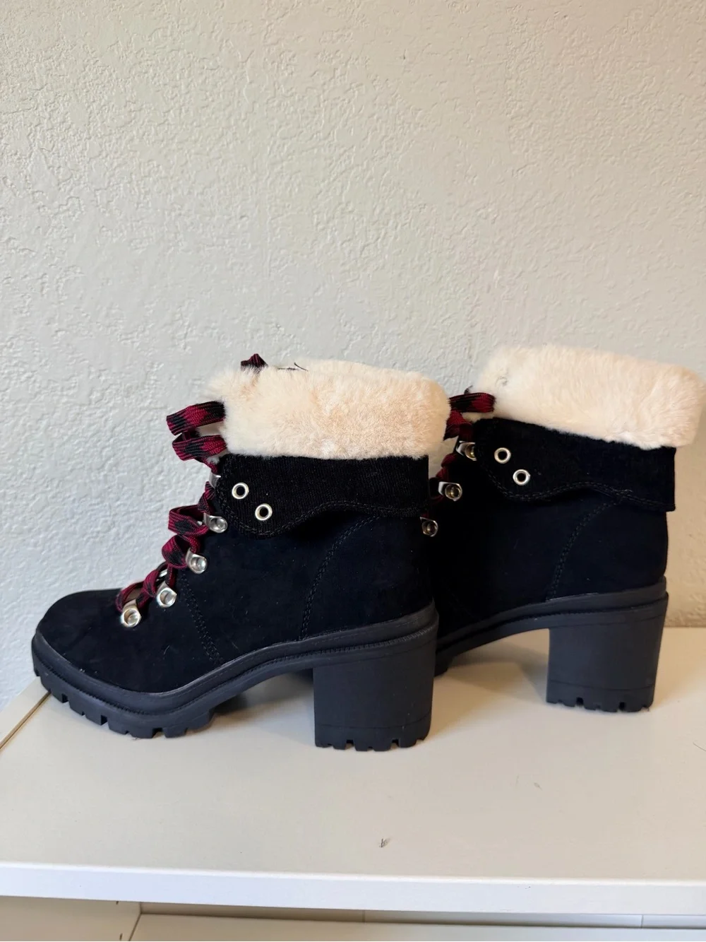 Women's Black Suede Faux-Fur Lace-Up Heel Boots